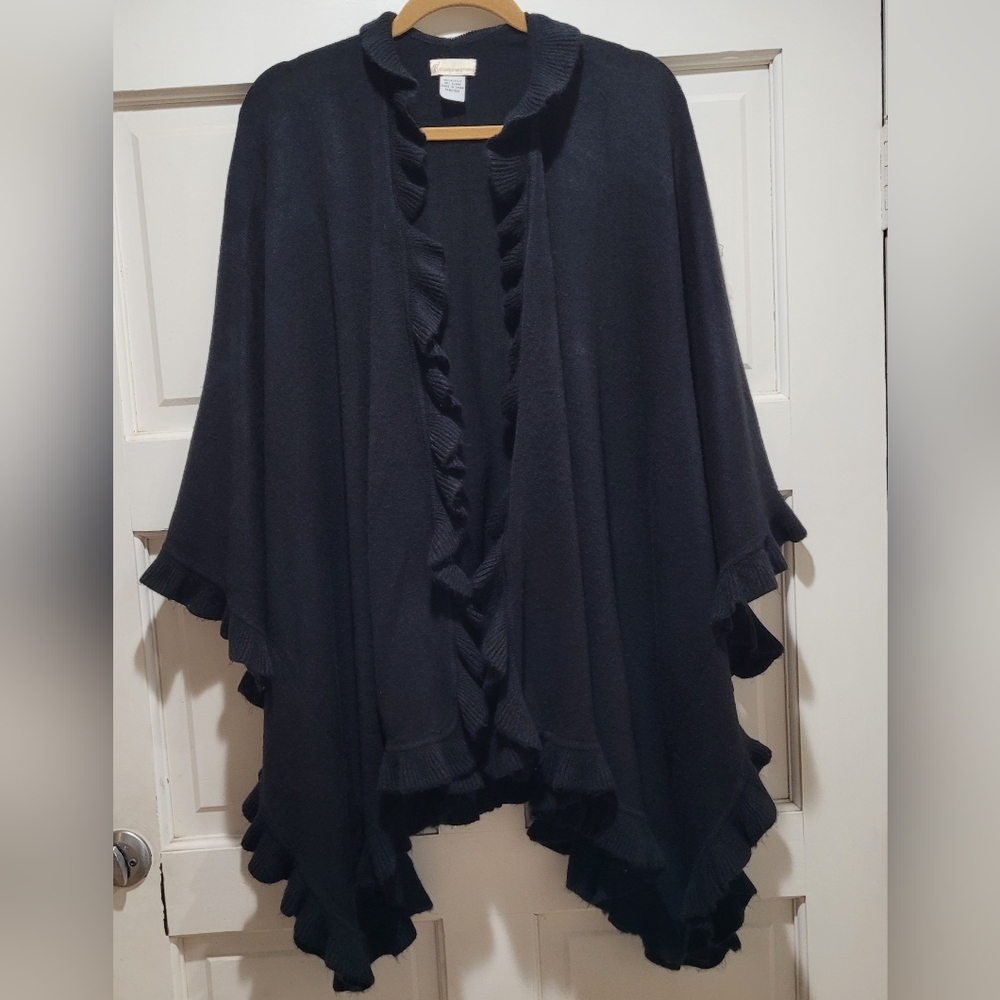 Black Ruffle Trim Open Front Poncho/Cardigan Wrap EUC